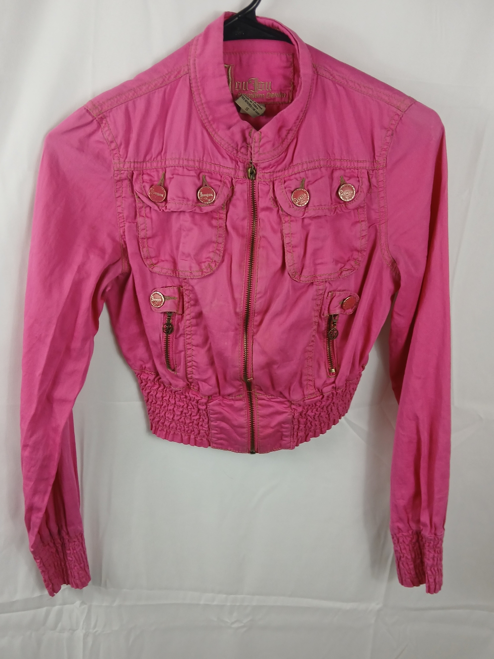 Y2K JouJou Hot Pink Cropped Utility Jacket Zip Front Cotton Moto Small